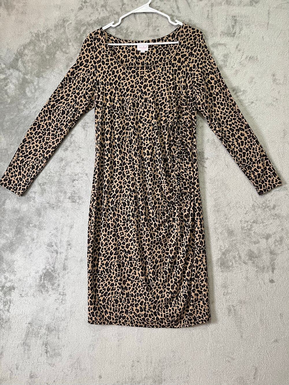 Isabel Maternity‎ Leopard Print Ruched Side Dress Brown Black Long Sleeve Size M